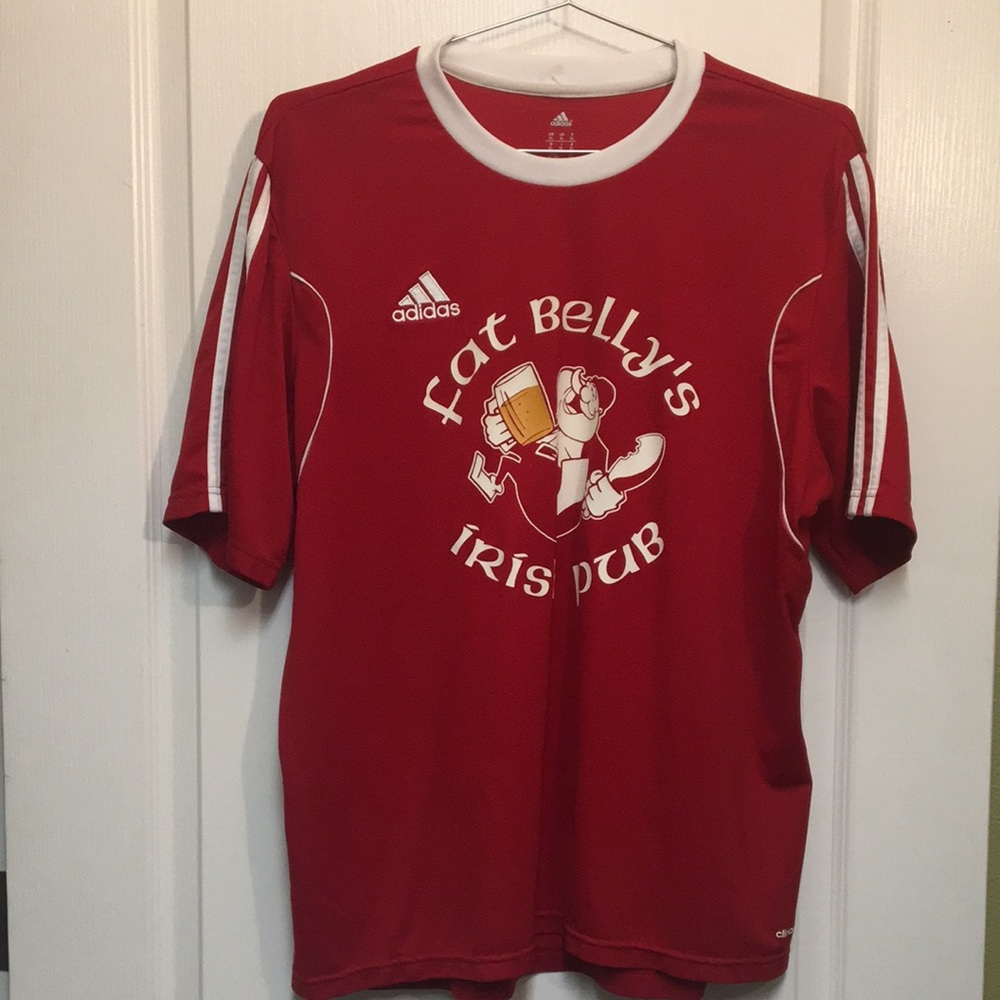 Adidas Men’s XL Red Climalite Soccer Jersey Fat Belly’s Irish Pub Logo. #18